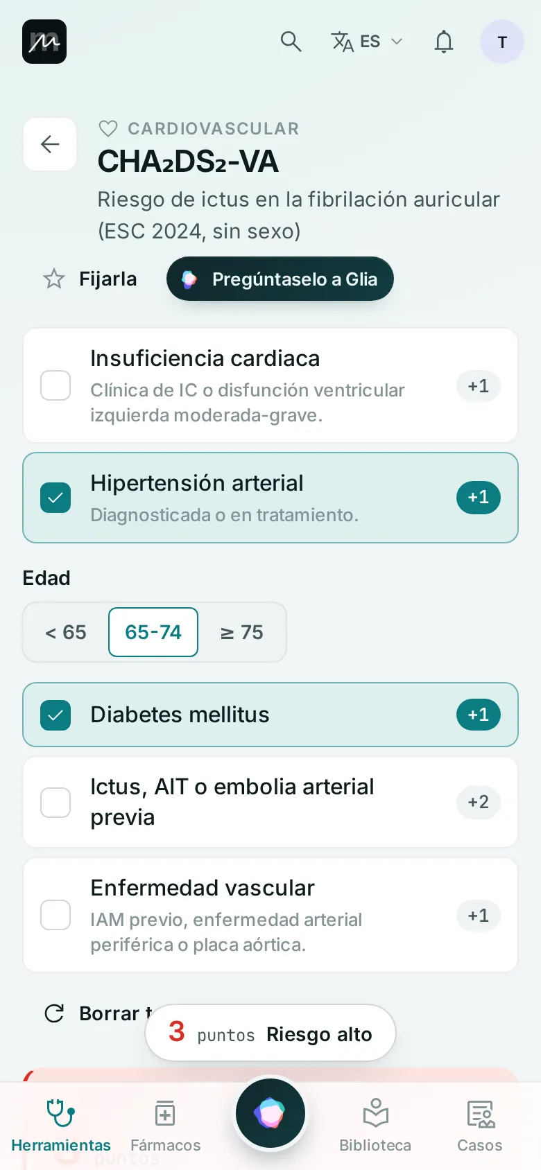 La escala CHA₂DS₂-VA en el móvil, con el resultado en directo.