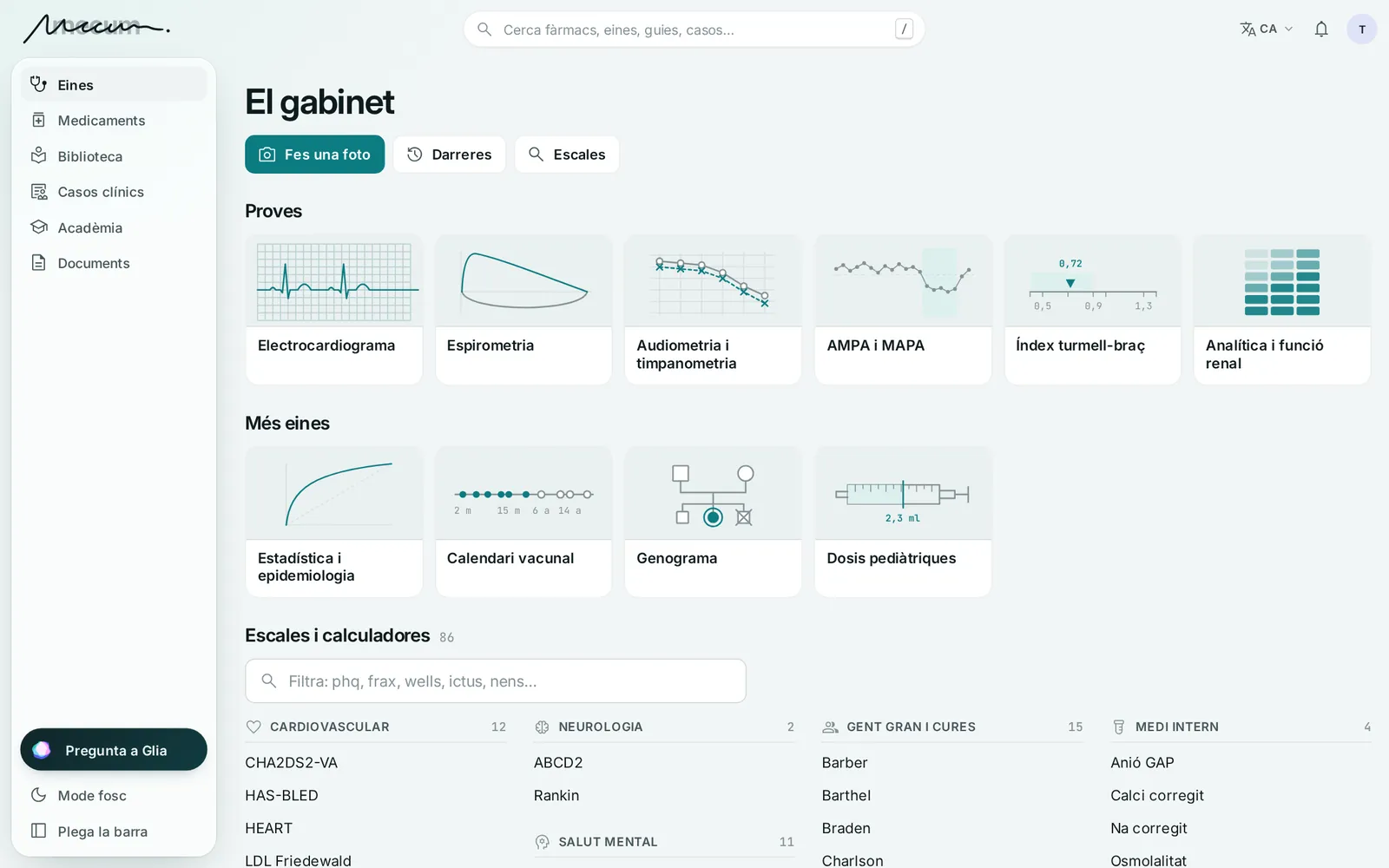 El gabinet de Mecum: les proves (ECG, espirometria, audiometria, MAPA, índex turmell-braç, analítica), més eines i les escales per àmbit.