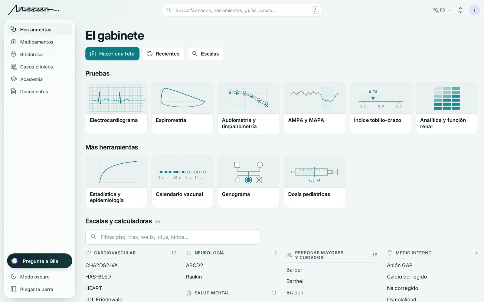 El gabinete de Mecum: las pruebas (ECG, espirometría, audiometría, MAPA, índice tobillo-brazo, analítica), más herramientas y las escalas por ámbito.