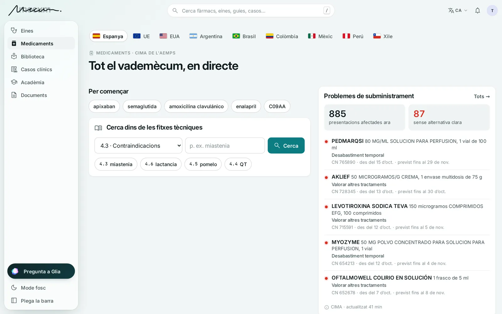 Medicaments: selector de país, cerca dins de les fitxes tècniques i problemes de subministrament actuals de la CIMA.