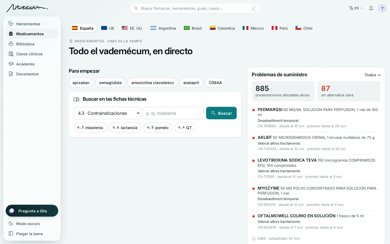 Medicamentos: selector de país, búsqueda dentro de las fichas técnicas y problemas de suministro actuales de la CIMA.